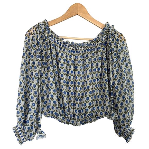 Misa Los Angeles Top Size M Blue White Blouse Ruffle Sleeves On/Off-the-Shoulder - Picture 2 of 11